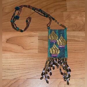Vintage Handcrafted Small Beaded Bag Necklace with Fringe
